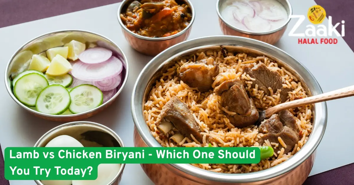 Delicious lamb biryani served with salad, curry, raita, and boiled egg, promoting Zaaki Halal Food with a choice debate