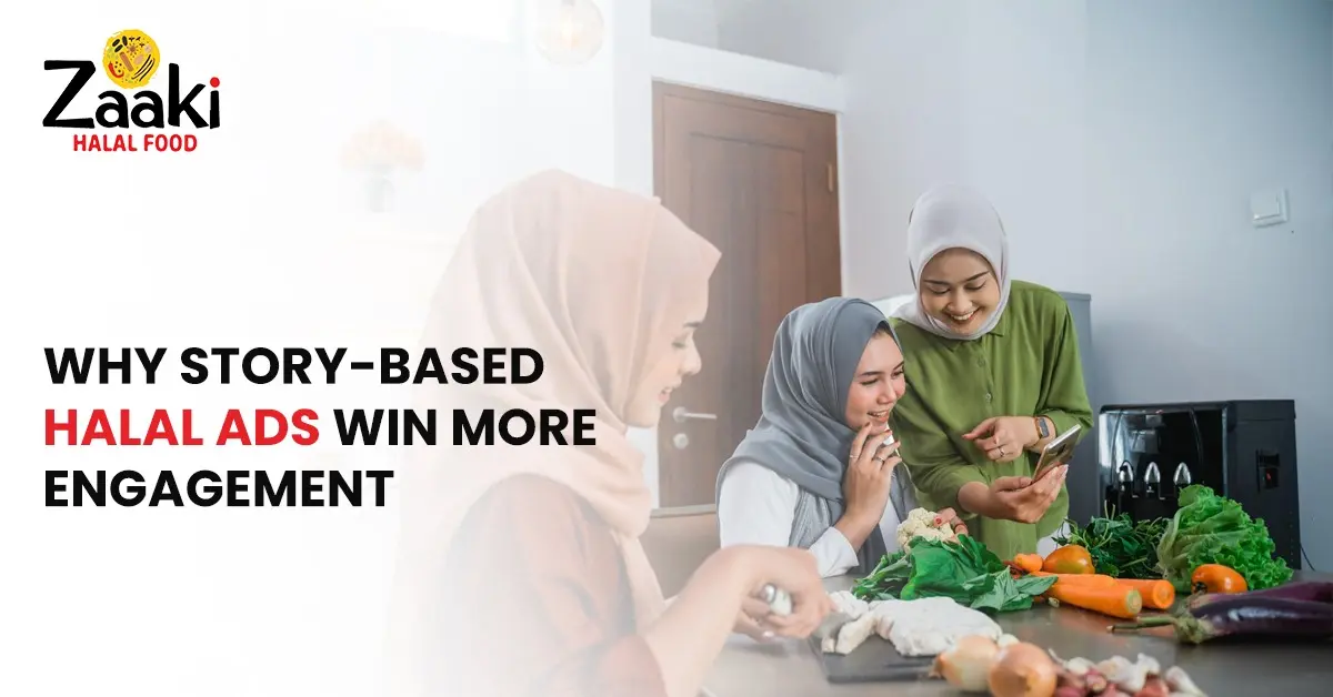 Three Muslim women in hijabs happily preparing fresh vegetables in a kitchen, engaging with a phone while cooking together