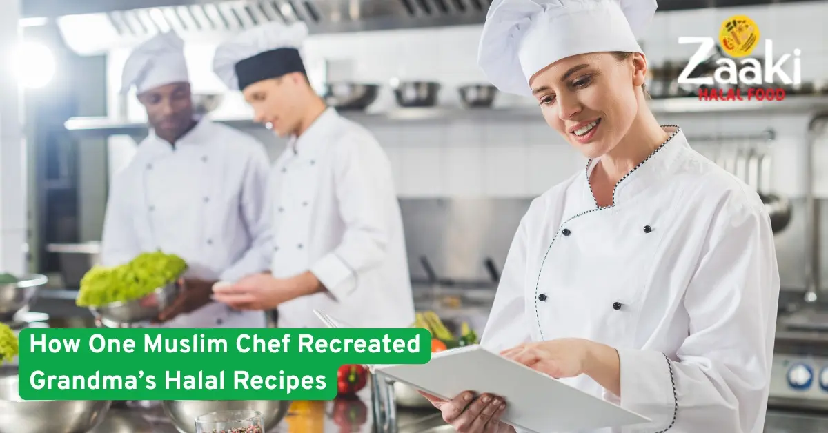 Muslim chefs in a professional kitchen preparing halal dishes, inspired by traditional grandma recipes with a modern touch