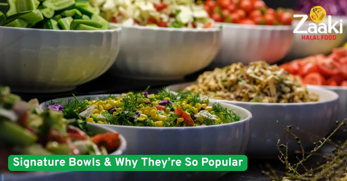Colorful bowls of fresh halal food including salads, vegetables, and grains with Zaaki Halal Food logo and title overlay