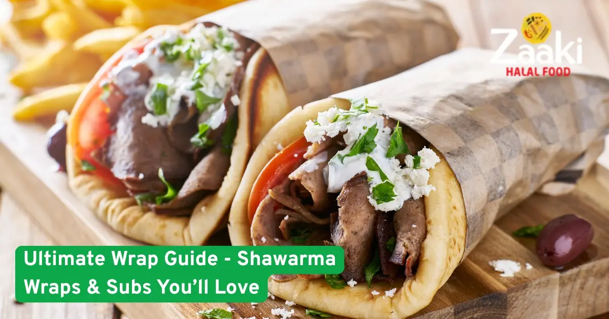 Delicious shawarma wraps with fresh vegetables and creamy sauce served by Zaaki Halal Food, the ultimate wrap and sub guide