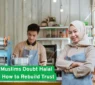 Muslim man and woman in aprons working at halal food stall, highlighting concerns about halal claims and the need to rebuild trust