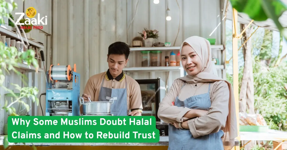 Muslim man and woman in aprons working at halal food stall, highlighting concerns about halal claims and the need to rebuild trust