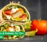 Delicious halal wrap filled with crispy chicken, lettuce, and tomatoes with Zaaki Halal Food logo and tagline about on-the-go meals.
