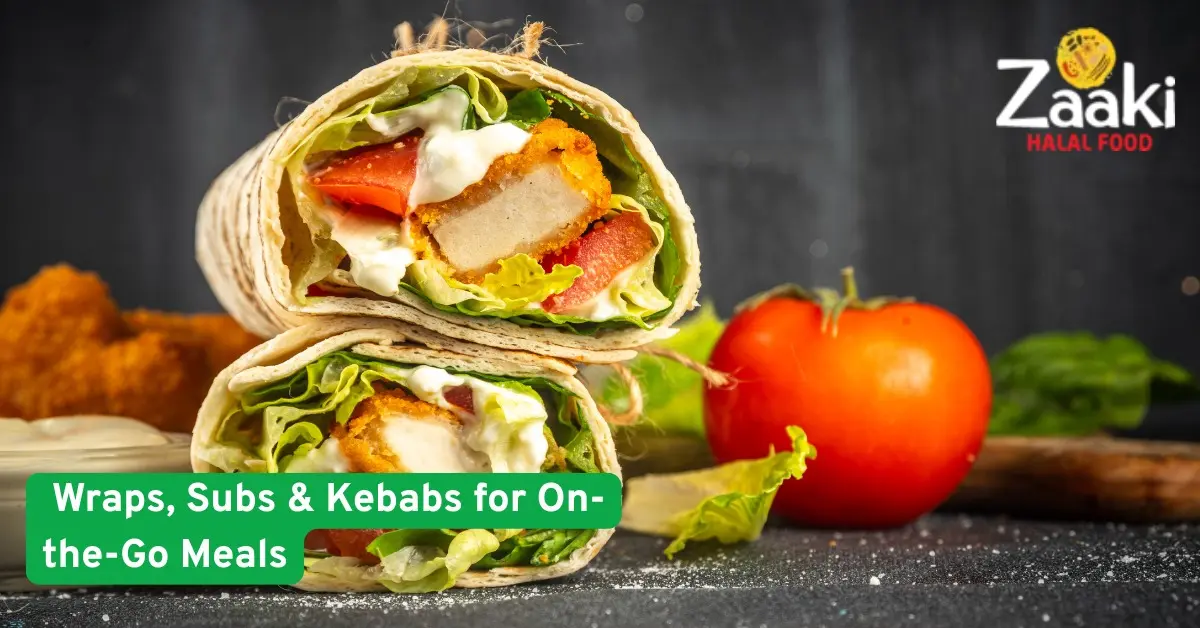 Delicious halal wrap filled with crispy chicken, lettuce, and tomatoes with Zaaki Halal Food logo and tagline about on-the-go meals.